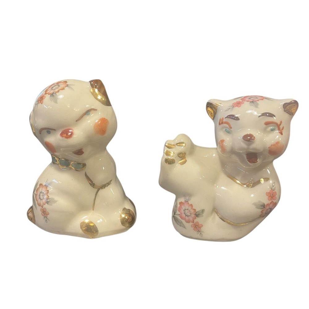VTG Shawnee PUPPY DOG & TUMBLING BEAR Figurines Gold Trim Floral Decals HTF READ